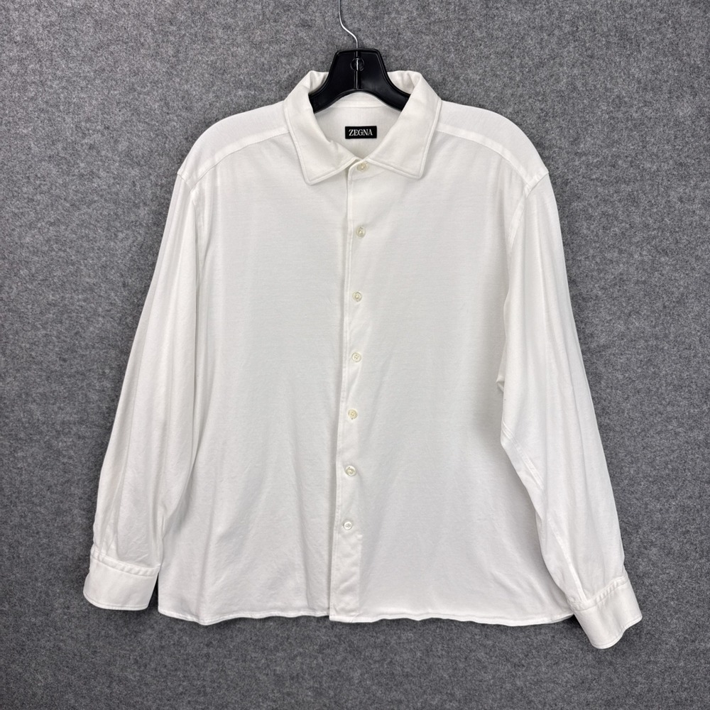 Zegna Button Down Shirt XXL White 100% Cotton Pique Knit Long Sleeve Regular Fit